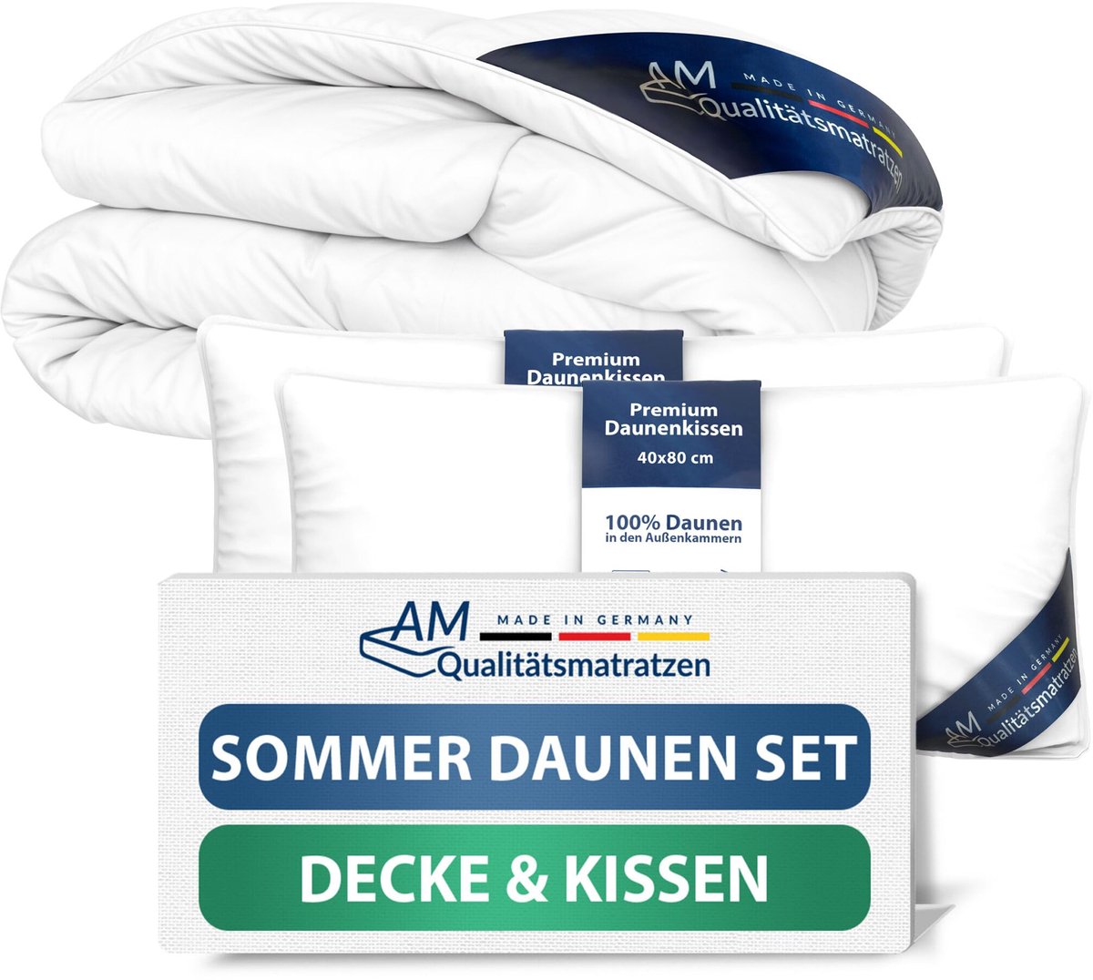AM Qualitätsmatratzen Premium Donzen Zomerdekbed 200x200 Set met Kussen 40x80 - Made in Germany & OEKO-TEX gecertificeerd & Allergievriendelijk Donzen Dekbed en Kussenset 200x200 met Donzen Vulling
