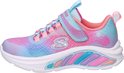 Roze, paarse en blauwe kindersneakers met roze veters, klittenbandsluiting en lichtjes in de zool.