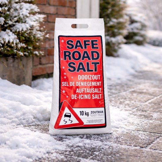 Witte zak met rode tekst 'SAFE ROAD SALT' en 'DOOIZOUT', staand in de sneeuw op stenen tegels.