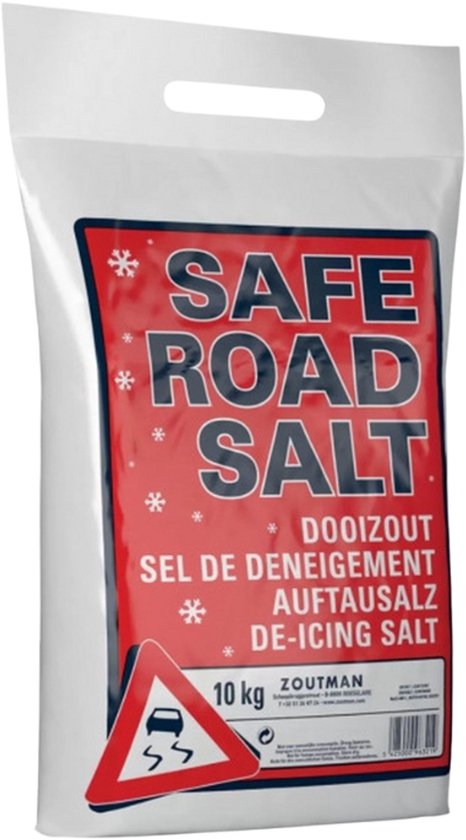 Witte zak met rode tekst 'SAFE ROAD SALT' en 'DOOIZOUT' en een afbeelding van een auto op een glibberige weg. 10 kg.