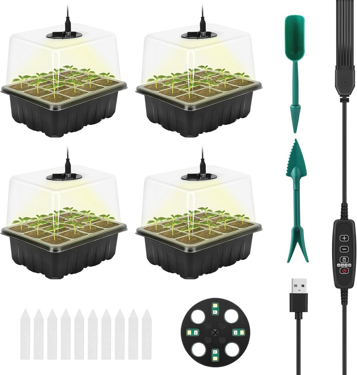 Set van 4 zaadschalen met groeilicht en instelbare helderheid