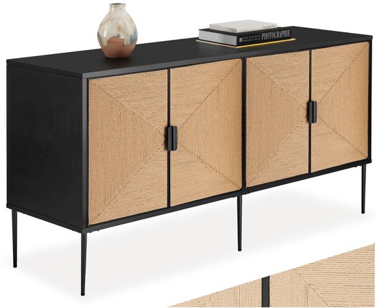 tectake® Dressoir Juna - 150 x 47 x 77 cm - Kast met Boho Hout Jute-Look - 2 Opbergvakken met Magnetische Deuren en Tussenplanken - TV Meubel - Opbergkast met Deuren - Zwart - Landelijk
