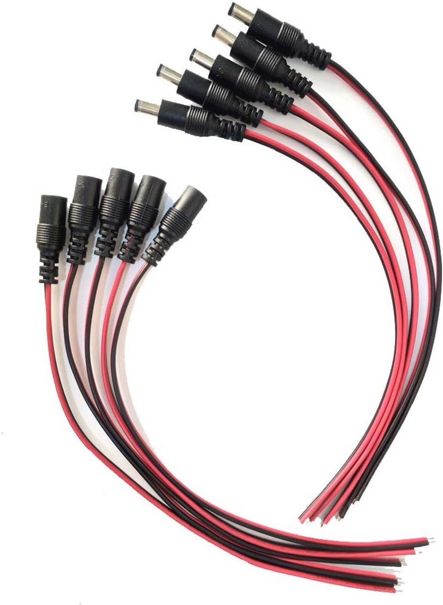 10 Stuks DC Voedingskabel Pigtail 5,5 x 2,1mm - 18AWG Mannelijk en Vrouwelijk