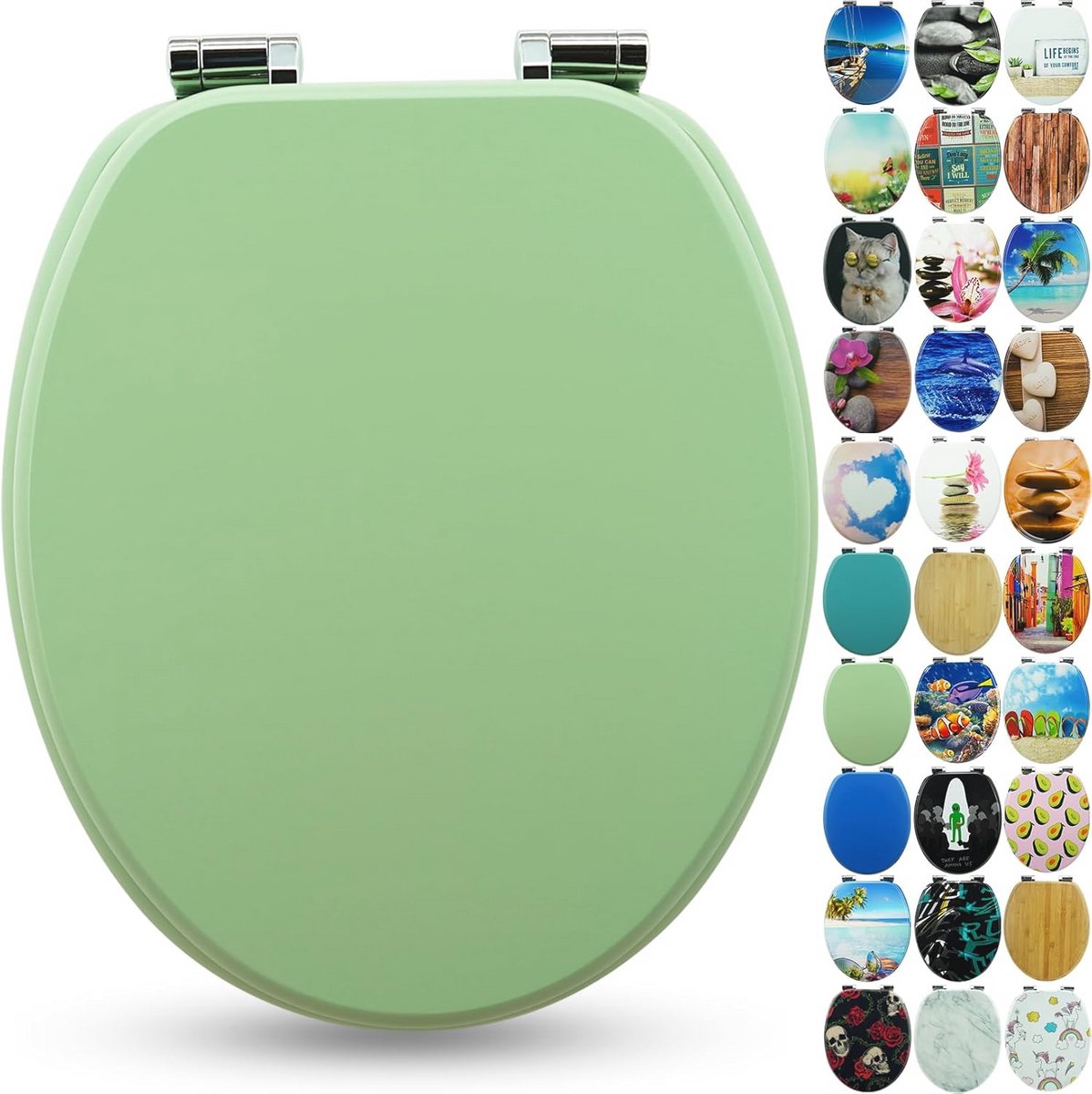 Sanfino® Premium toilet seat with soft-close mechanism, wooden toilet lid, many colourful and decorative designs, high seating comfort, easy assembly including manual "Mint Green"