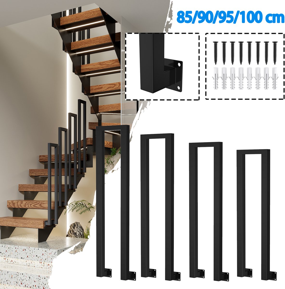 100 cm U-vormige trapleuning voor binnen en buiten Leuning Zwart Leuning Trap IJzer Handgreep Trap U-vorm Trapleuning voor trappen Gangen Loft Zolder (zijmontage type)