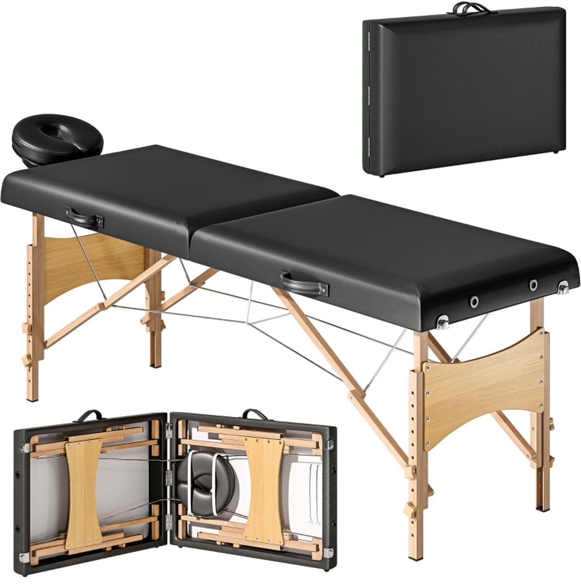 Opvouwbare Massagetafel 2 Zones, Verstelbare Massagebank 70 cm Breed met Hoofdsteun, Houten Poten, Zwart
