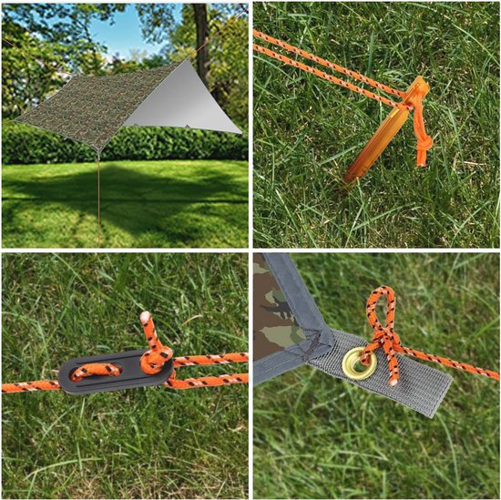 Camping tentzeil, 3 x 4 m, waterdicht, voor hangmat, met 6 haringen en 6 touwen, anti-uv-regen, zonbescherming, licht, compact grondzeil, picknickdeken, hammock, voor buiten, camping, herbruikbaar van Camp — afbeelding 3