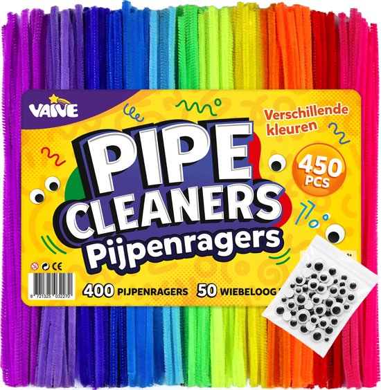 Verpakking met 400 pijpenragers in alle regenboogkleuren en 50 wiebeloogjes. Tekst: 'PIPE CLEANERS Pijpenragers 450 PCS'.