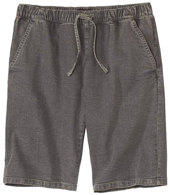 Donkergrijs stretchdenim short met tunnelkoord en steekzakken.