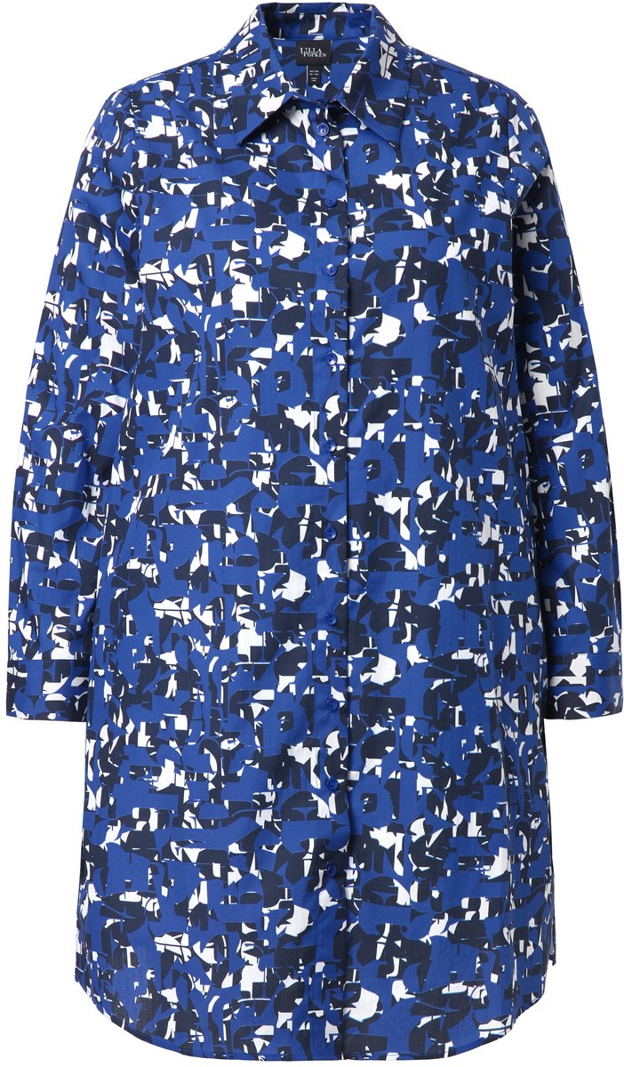 Ulla Popken - Dames - Lange blouse letters A-lijn overhemdkraag lange mouw - Inktblauw - Maat 54+