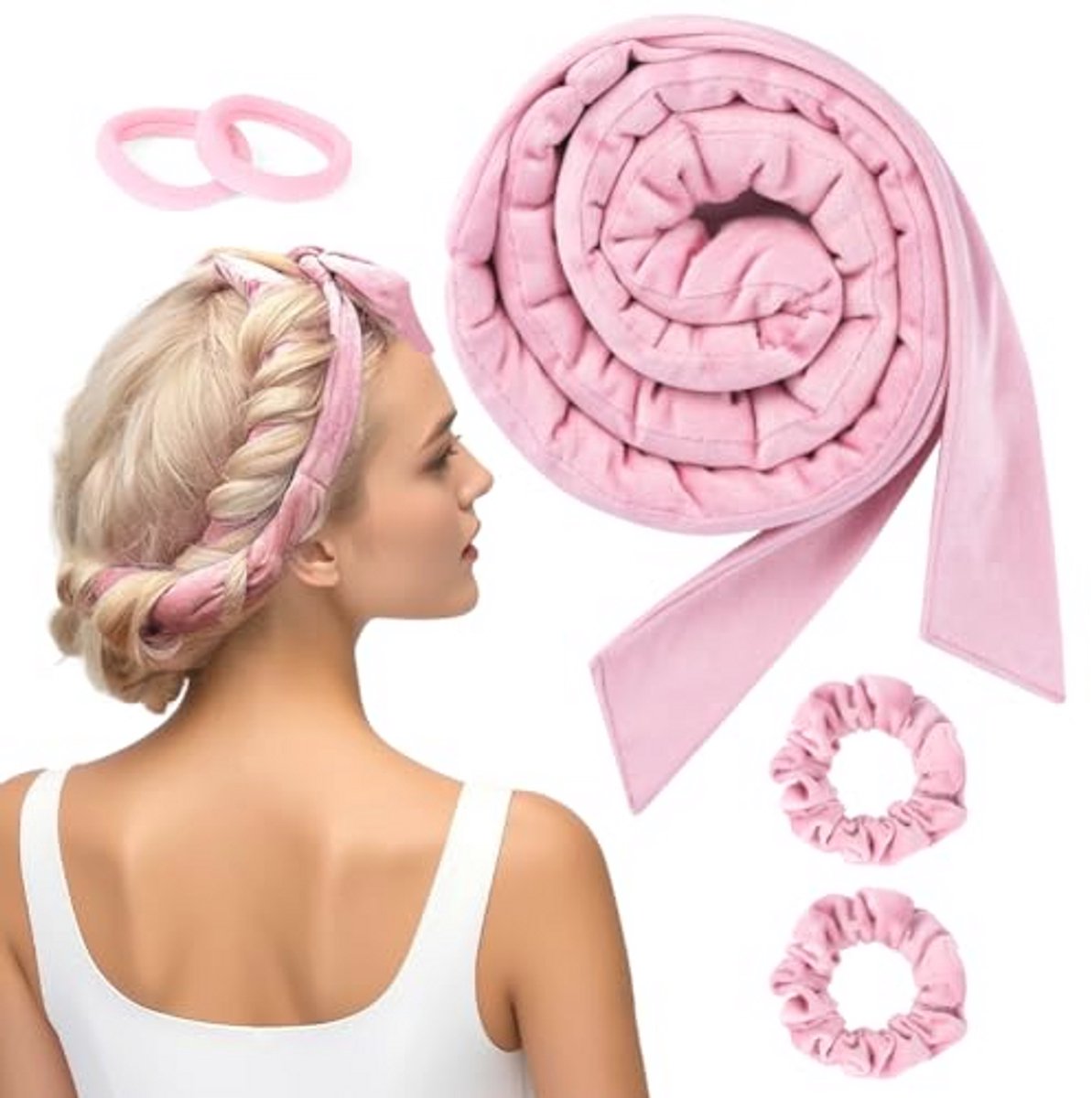 BUTBU Warmteloze krulspelden hoofdband, 5 stuks geen warmte haarkrulspelden en rollers, zachte nachtelijke haarkrullenset, warmteloze krullende geschenkset voor vrouwen, lang en kort golvend haar