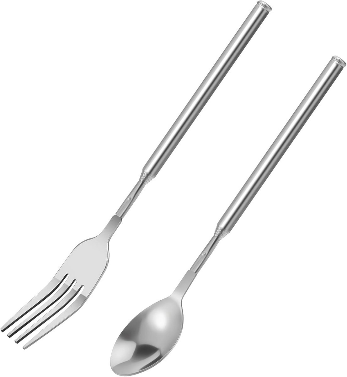 Telescopische lepel en vork set van roestvrij staal, uitschuifbaar van 22 cm tot 65,6 cm voor diner en dessert