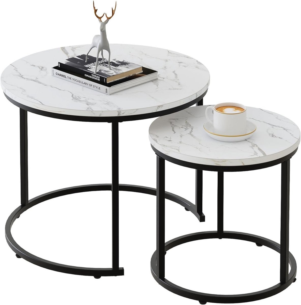 Ronde salontafels set van 2 – Nesttafels met metalen frame voor woonkamer, slaapkamer, balkon en kantoor