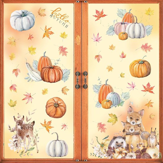 YIHELU Zelfklevende raamafbeeldingen, herfstdecoratie, raamstickers, dubbelzijdige raamstickers, herbruikbaar, zonder lijm, raamdecoratie voor Thanksgiving raamdecoratie