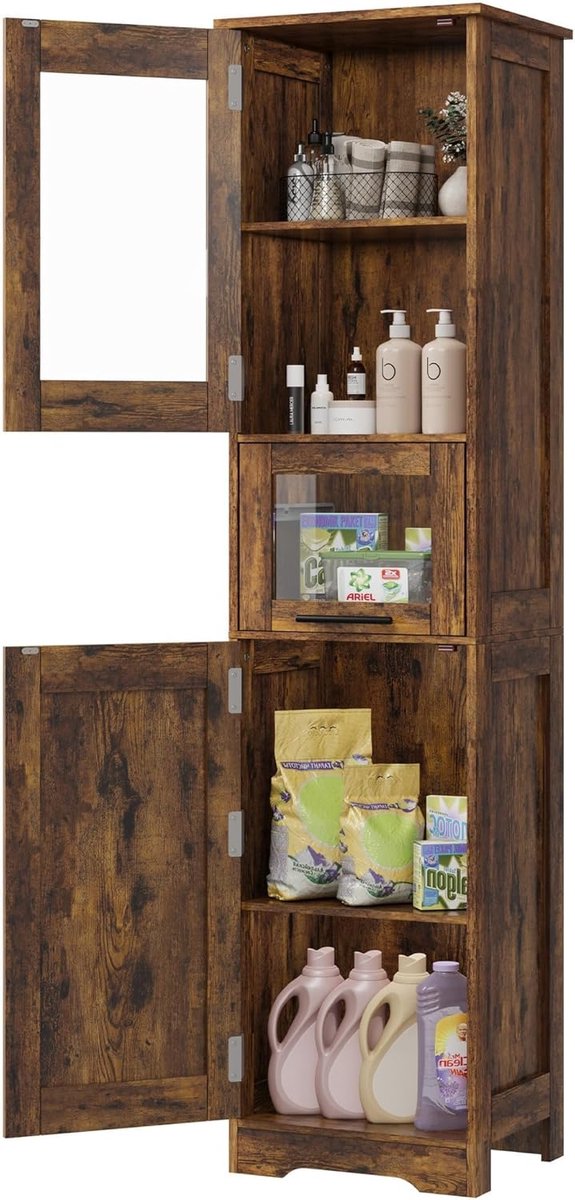 Smalle badkamerkast 40x31x170cm – 2 deuren, 1 lade, verstelbare legplanken, anti-kantelset – waterbestendig MDF – bruin