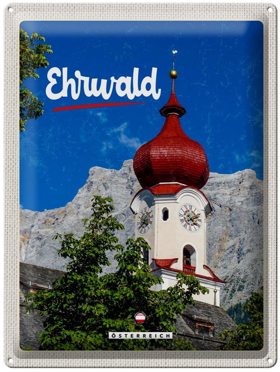 Blechschild Reise 30x40cm Ehrwald Österreich Kirche rotes Dach