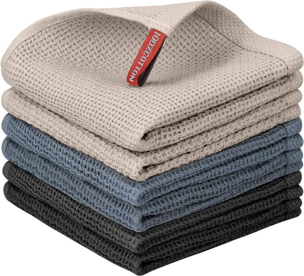 Set van 6 absorberende katoenen keukenhanddoeken 30 x 30 cm - Zacht en sneldrogend