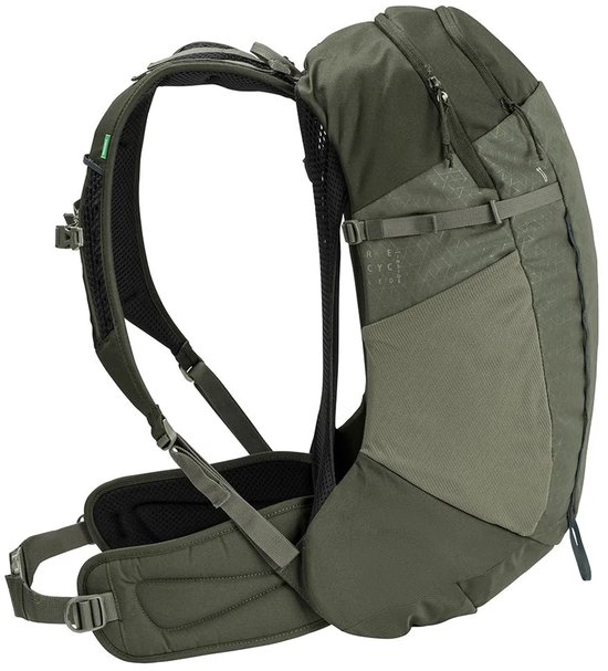Zijkant van een olijfgroene rugzak met ritsvakken en geometrisch patroon op voorpand.