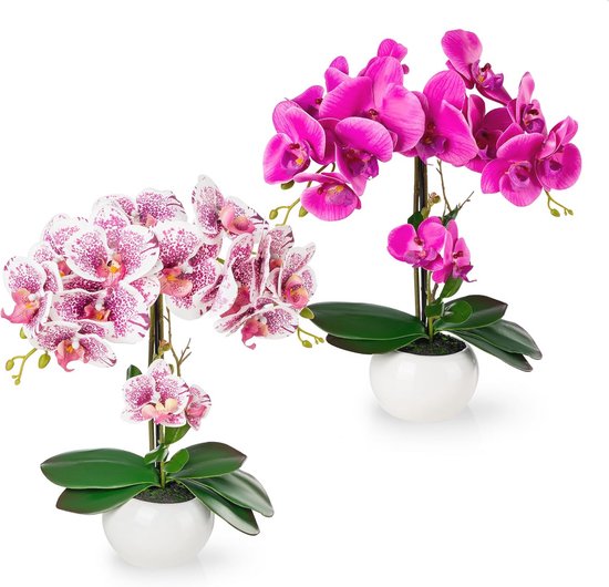 Set van 2 Kunstorchideeën in Hoogglans Keramische Potten - Realistische Kunstbloemen voor Elk Interieur
