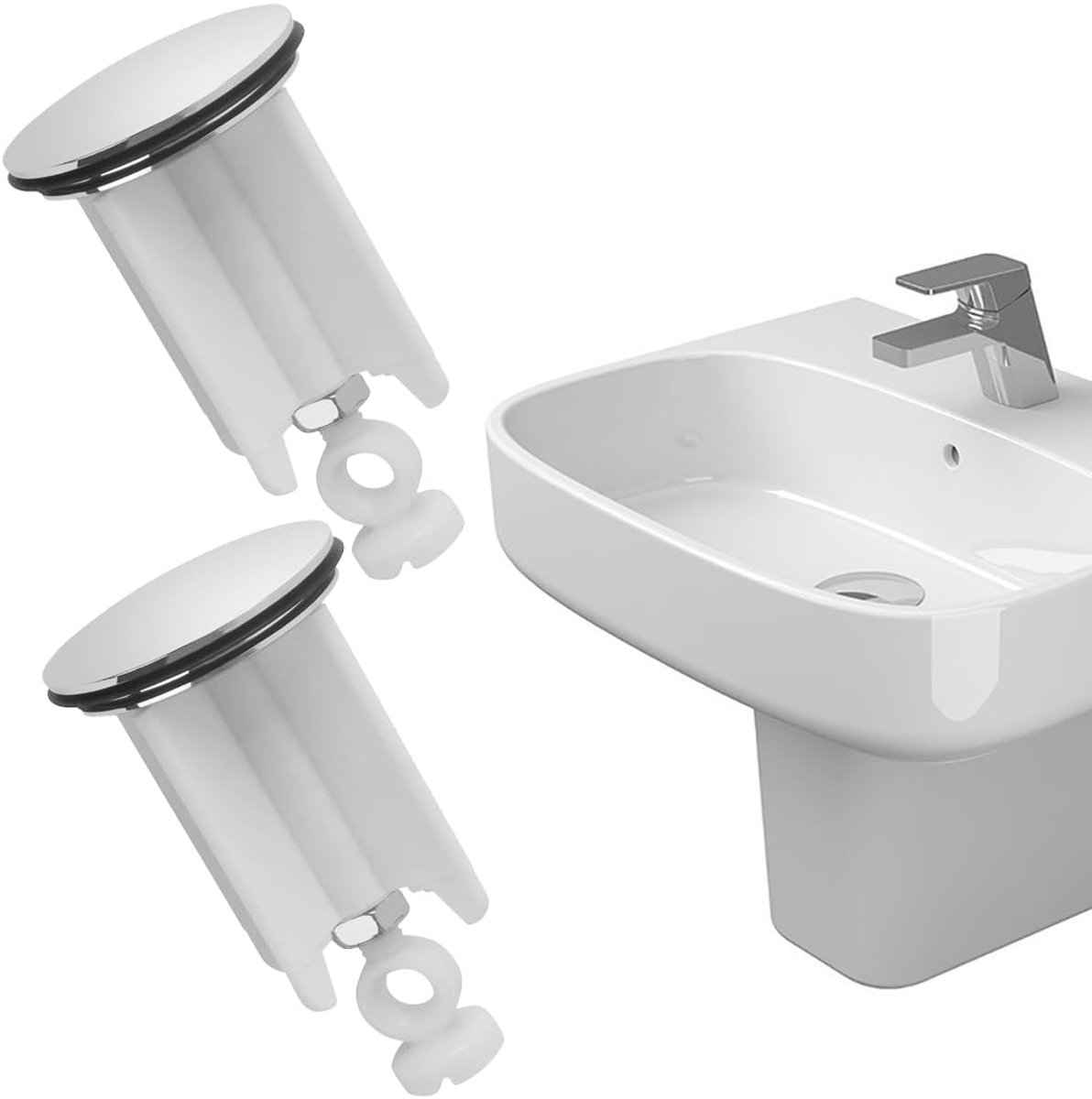 2 stuks universele wastafelstop. diameter 40 mm. in hoogte verstelbare afvoerstop. van messing met waterdichte afdichting. verchroomd. roestvrij en lekvrij. wit. zilverkleurig. S