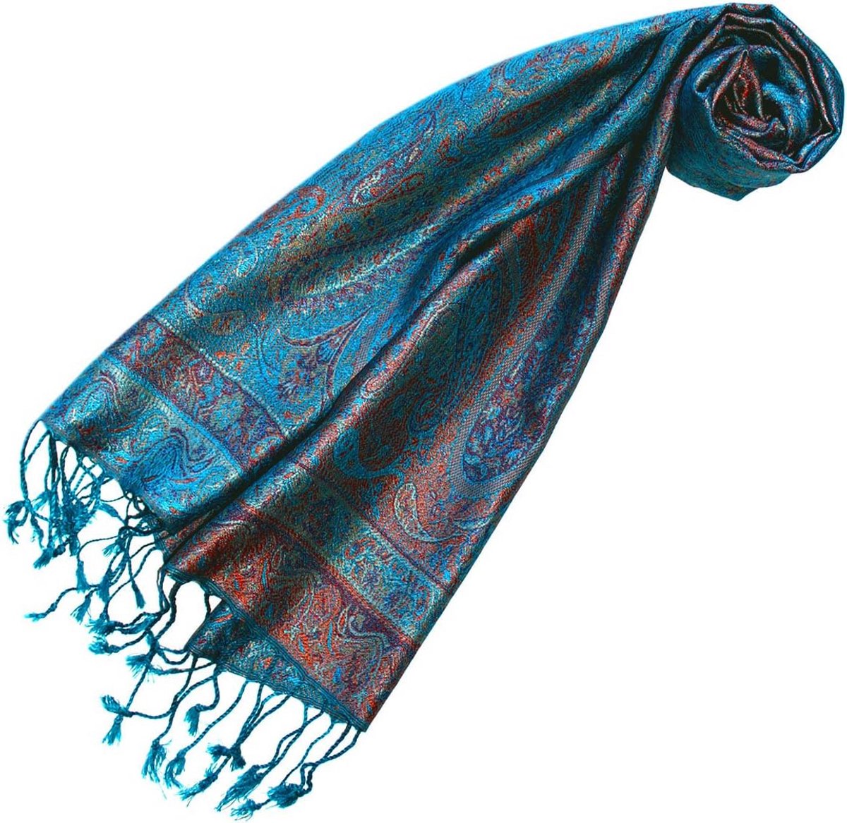 Zijden damessjaal 100% zijde 35 x 160 cm paisley patroon turquoise