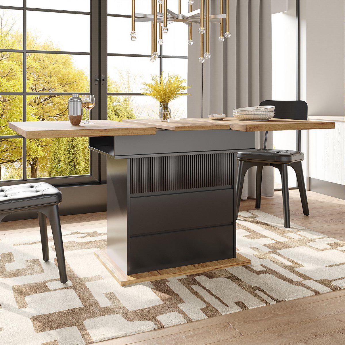 Wishdor Eettafel 110-140*80*75cm, uitschuifbaar MDF met magnetisch soft-close klep, zwart/naturel Natuurlijk+Zwart