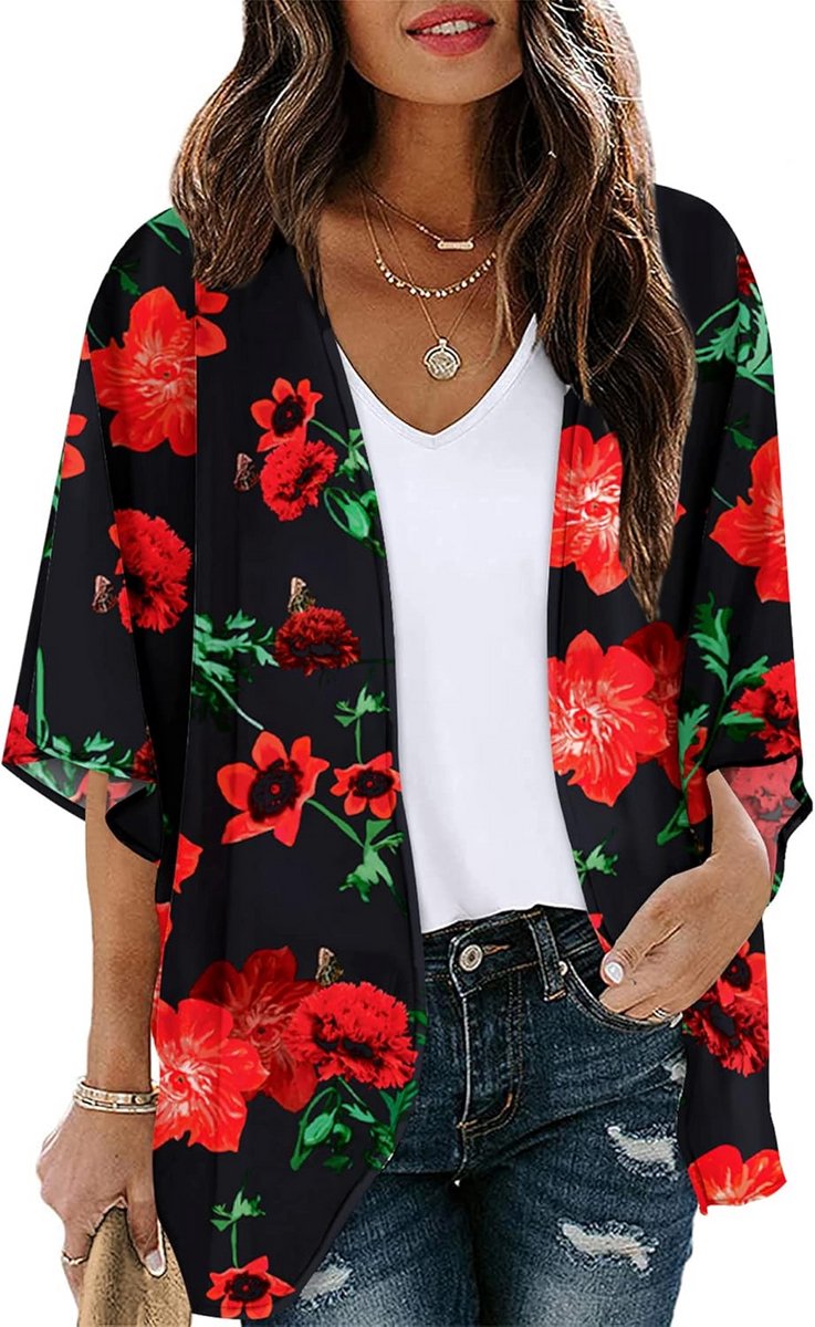 Vrouwen Casuale Korte Mouw Bloemen Chiffon Kimono Sjaal Top