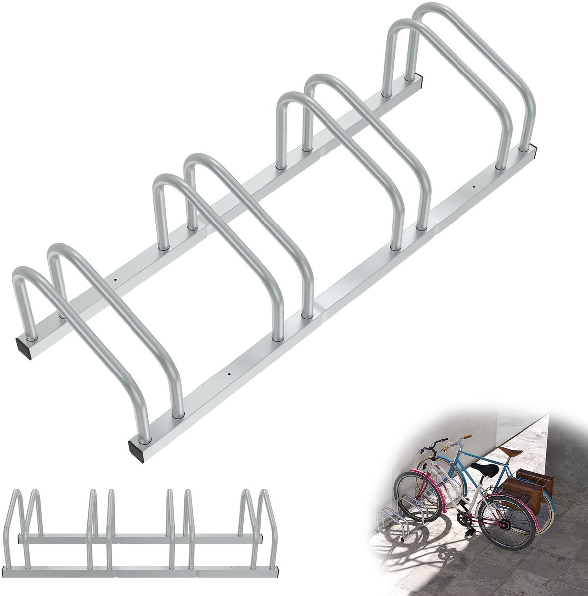 Professionele fietsenrek voor 4 fietsen Metalen meerplaatsige standaard Fietshouder voor e-bikes en bakfietsen (37 cm afstand) voor bandenbreedte 30-65 mm Eenvoudige montage aan muur/vloer Zilver