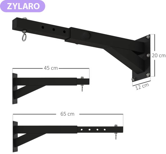 Zwarte bokszakmuurbeugel met afmetingen, inclusief uitgeschoven en ingeschoven posities.