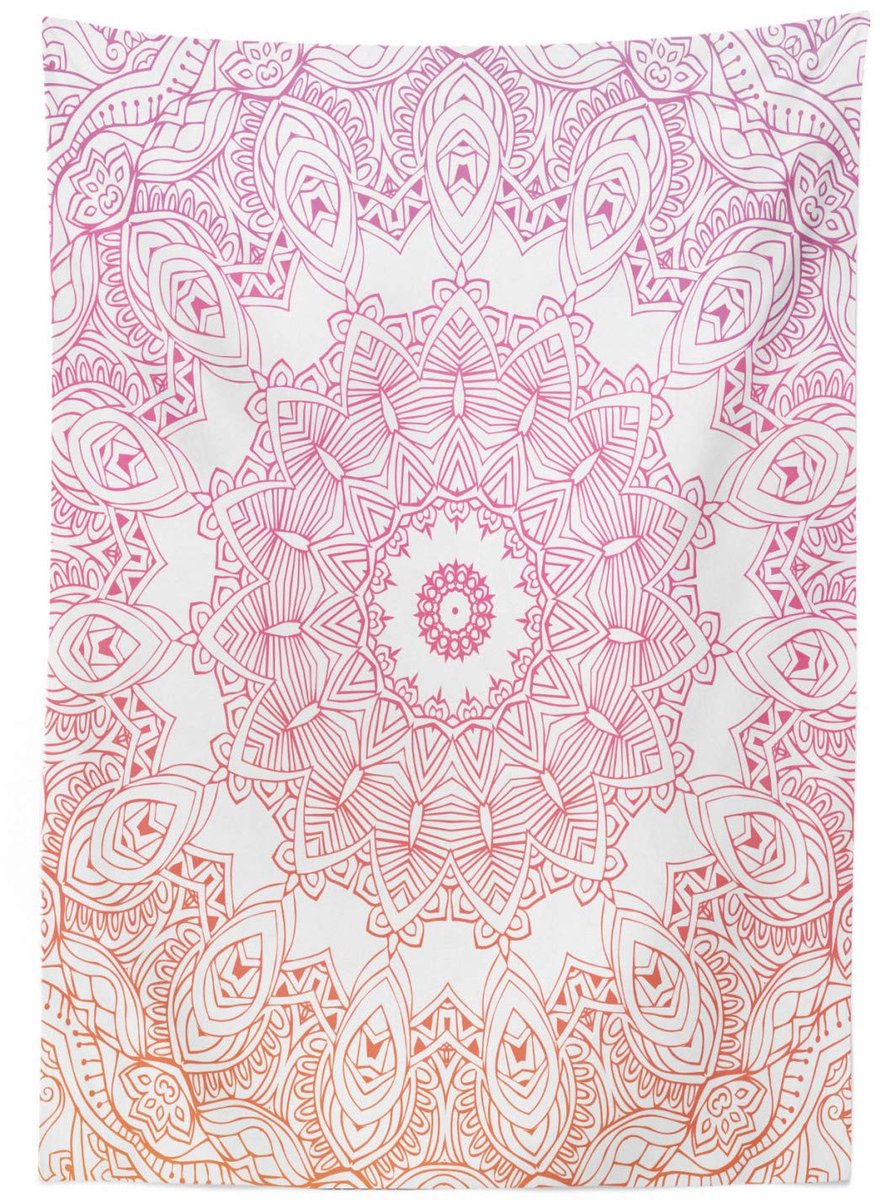 ABAKUHAUS Mandala Tafellaken – 140x170 cm – Satijn, Buiten, Oranje/Wit