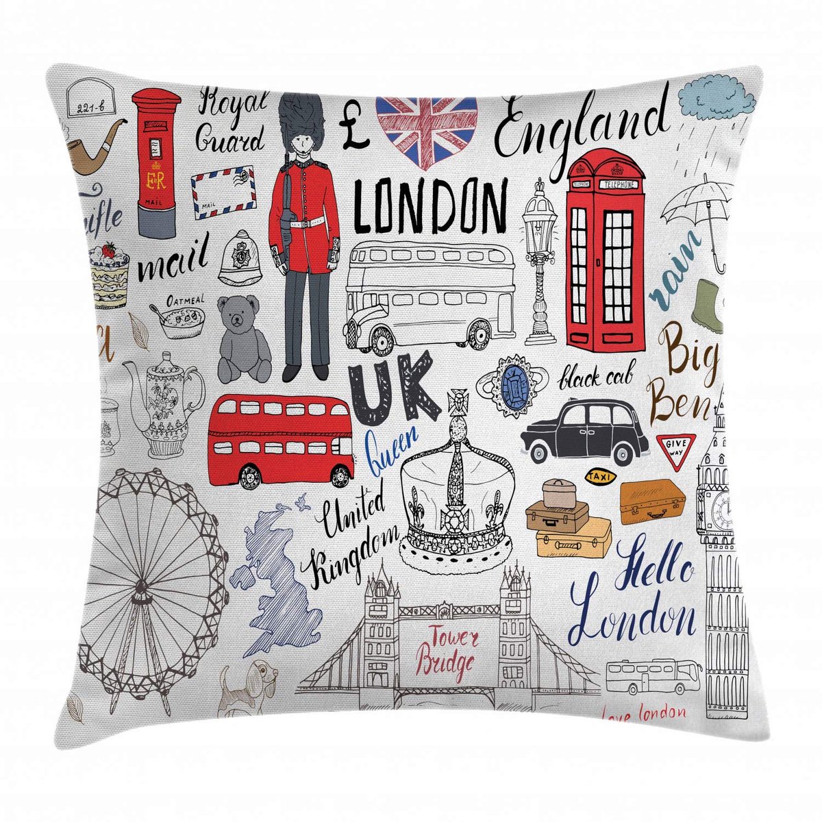 ABAKUHAUS Gekritzel kussenhoes – Londen dubbeldekkerbus – 50x50 cm – Multicolor, Beidzijdig bedrukt, Rits Rot