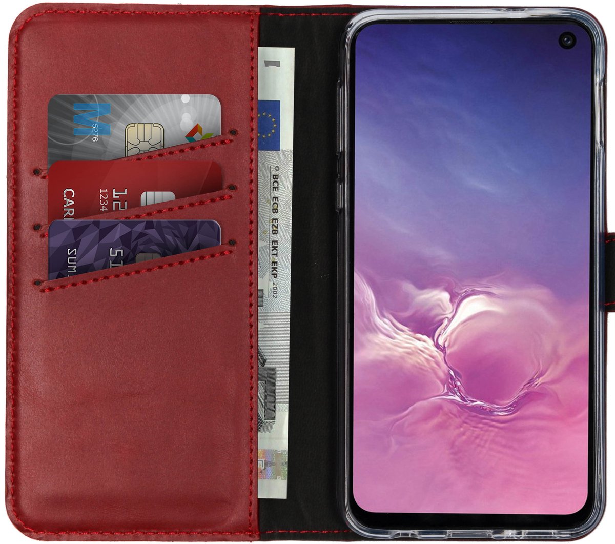Selencia Hoesje - Geschikt voor Samsung Galaxy S10e - Echt Lederen Bookcase - Rood