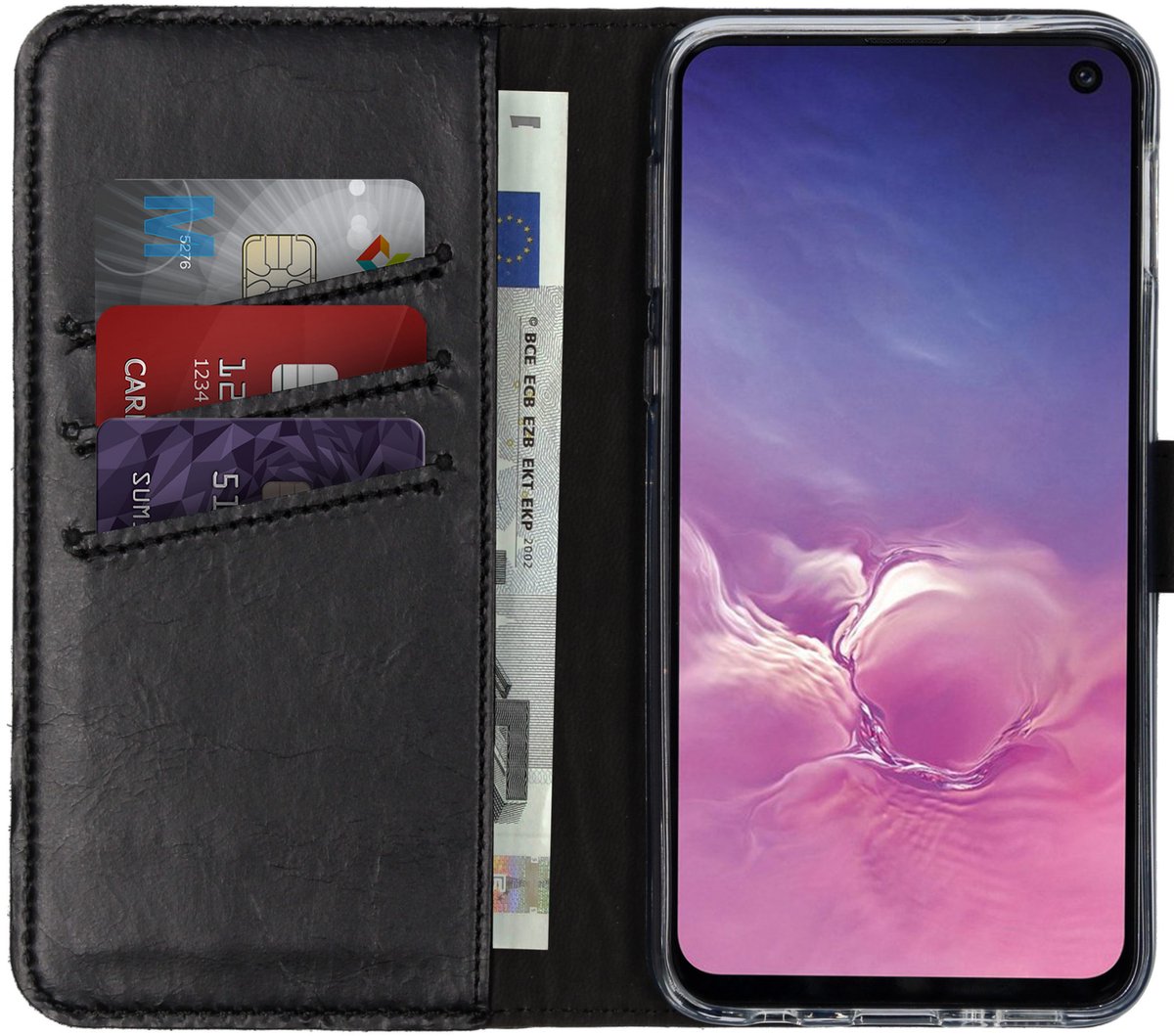 Selencia Hoesje - Geschikt voor Samsung Galaxy S10e - Echt Lederen Bookcase - Zwart