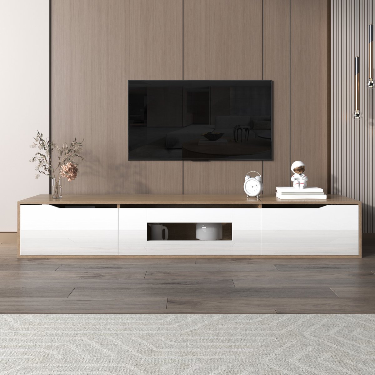 Wishdor Tv-Meubel - Hoogglans Afwerking - Ledverlichting Met 16 Kleuren - Spaanplaat - Wit En Houtkleur - 180 X 35 X 30 Cm