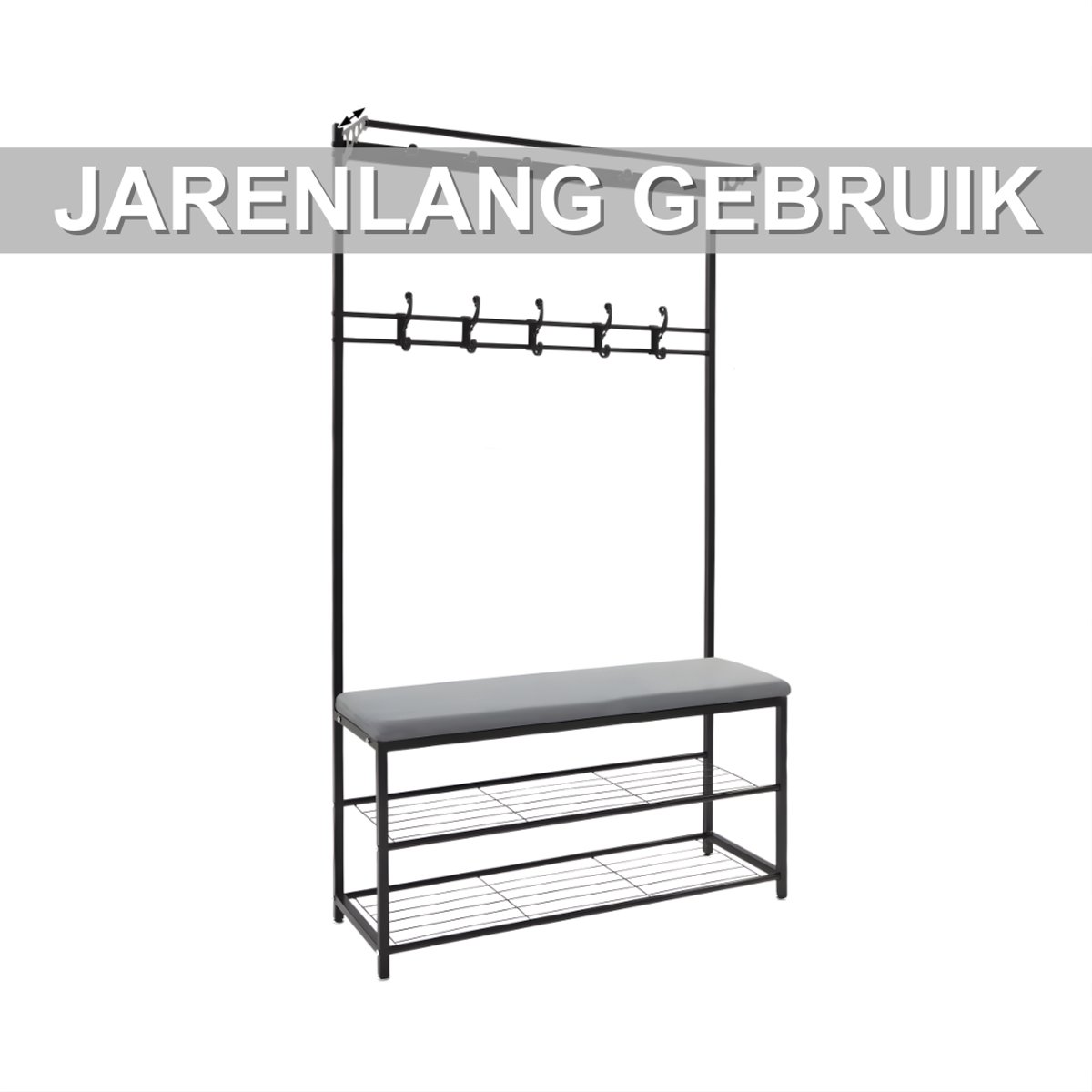 Kapstok met bank - Kledingrek - Schoenenrek - Voor kledingopslag en schoenen - Multifunctioneel - Met haken en bankje - Lichtgrijs – foto 3