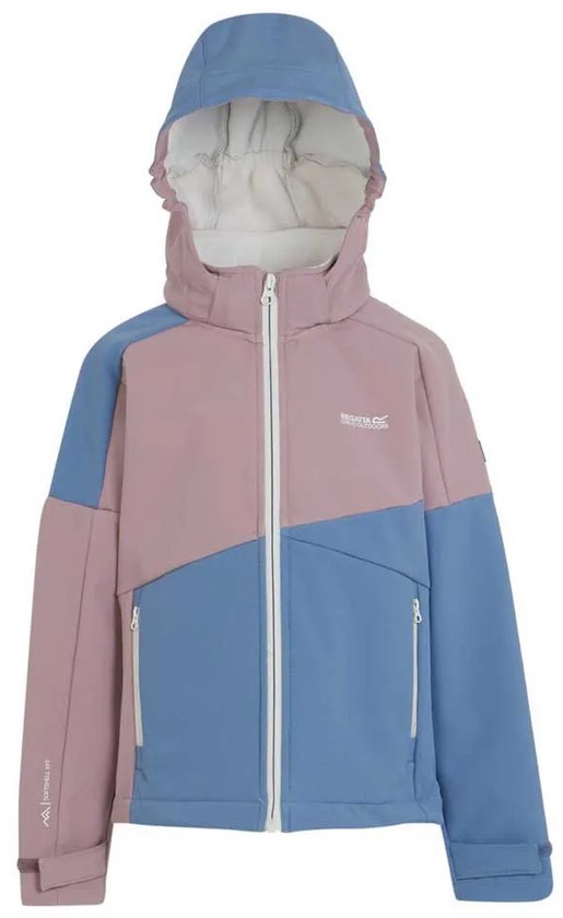 Roze en lichtblauwe softshell kinderjas met colorblock design, capuchon en rits, van voren gezien.