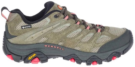 Merrell Moab 3 GTX dames wandelschoen in olijfgroen met roze veters en rode accenten.