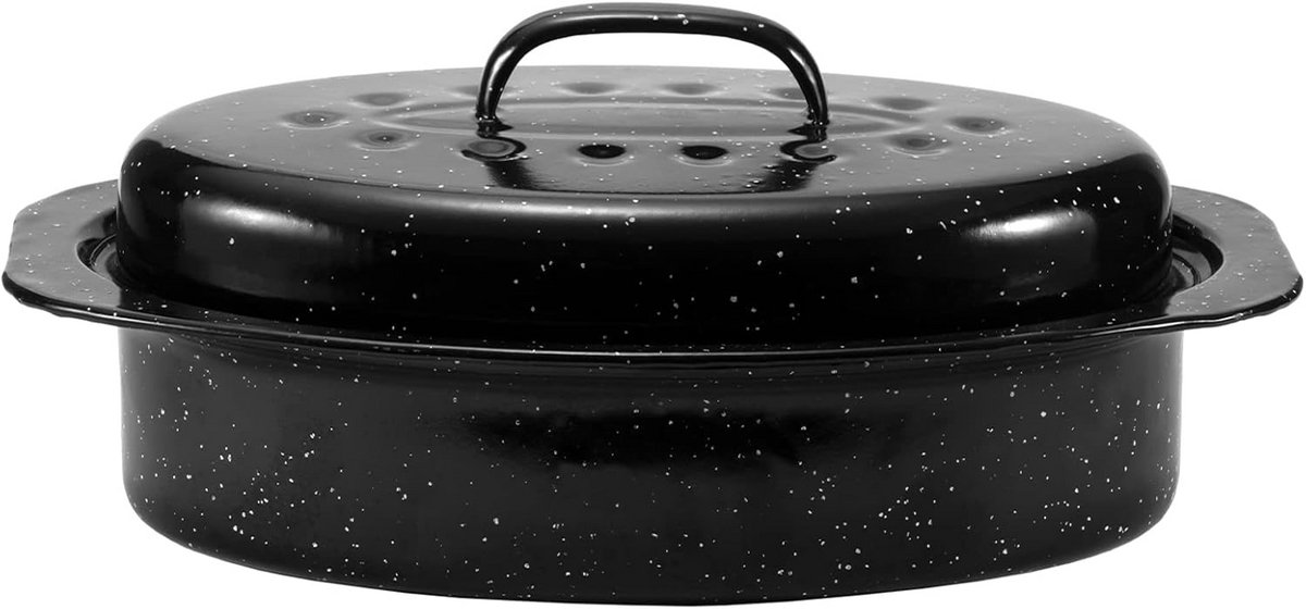 Granieten braadpan 13 inch - Geëmailleerde ovale kookpan met deksel - Vaatwasmachinebestendig