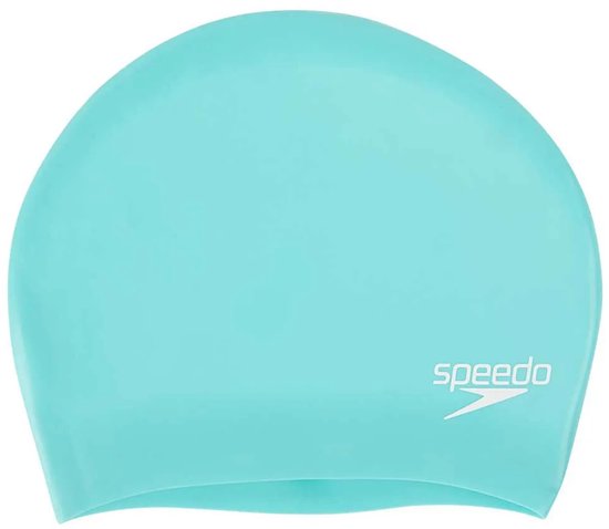 Turquoise Speedo badmuts met wit Speedo logo, gemaakt van siliconen.