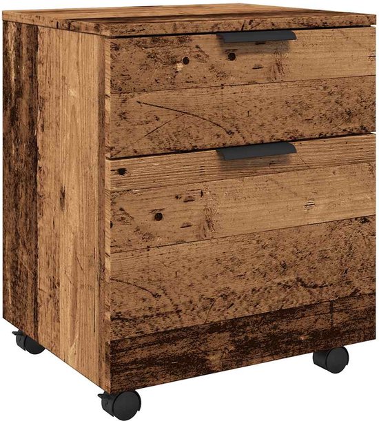 Bruine archiefkast van hout met twee laden en zwarte handgrepen, op wieltjes.