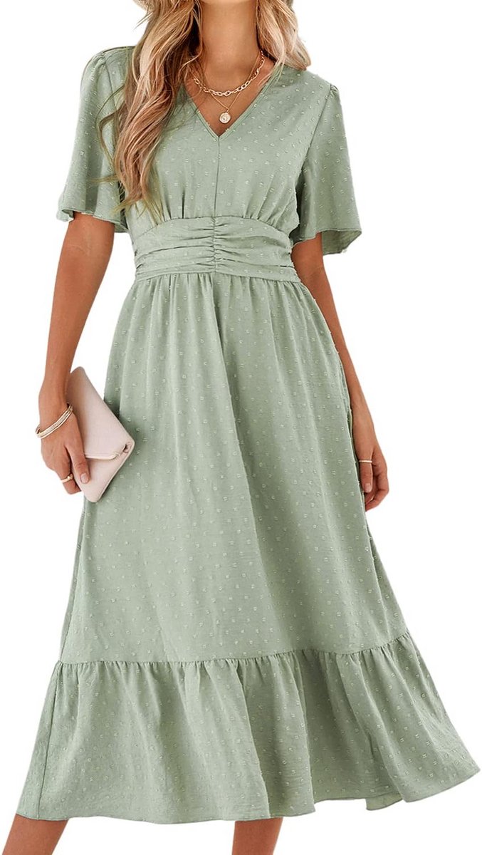 Dames Zomerjurk - Elegante Maxijurk met Korte Mouwen, V-hals en Hoge Taille