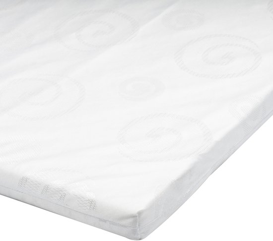 Detailopname van de witte Puck boxmatras met cirkelpatroon.