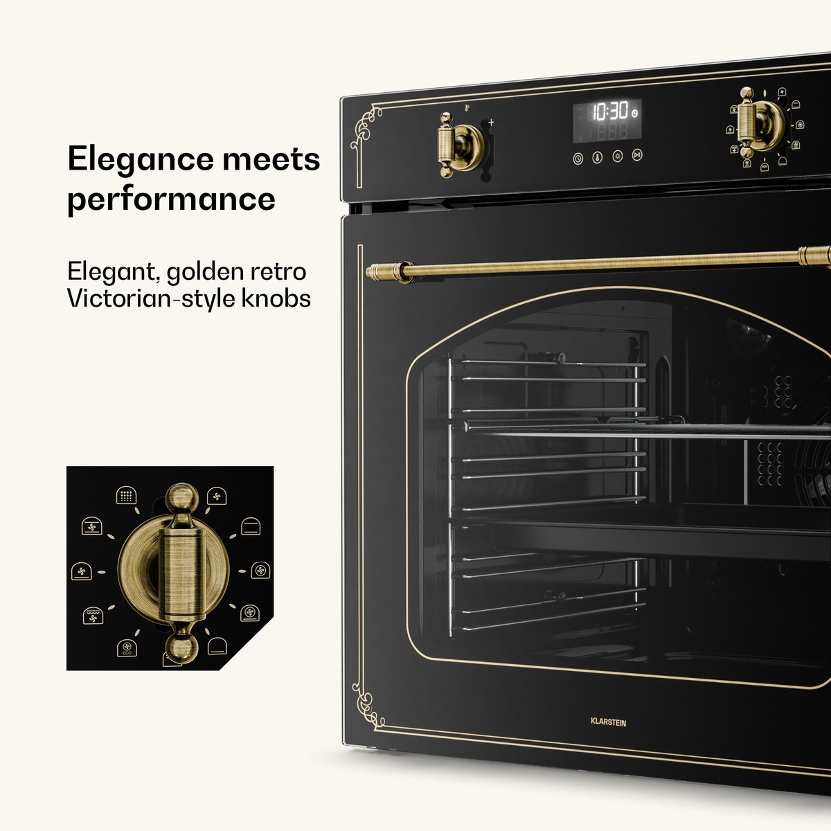Klarstein Inbouwoven Victoria Pyro elektrische oven - 76 liter , retro design, 11 standen, pyrolytische reiniging, geëmailleerde binnenkant, viervoudige beglazing, energieklasse A, geïntegreerde enkele oven, zwart - voor Keuken - Pyrolyse – foto 4