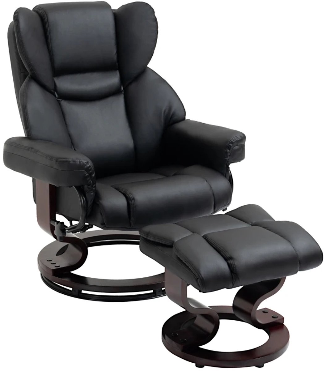 Relaxfauteuil met Voetenbank - 360° Draaibaar - Kantelbaar tot 145° - Verstelbare Rugleuning - tot 160 kg - Relaxstoel - TV Stoel - Kunstleer - Zwart
