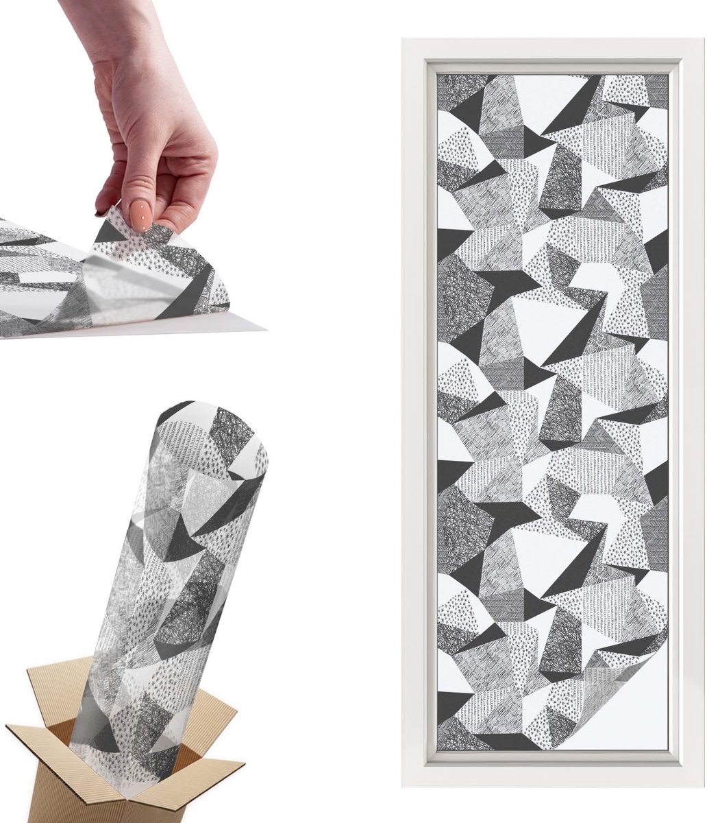 TULUP Raamfolie Anti inkijk - Geometrische figuren Privacy Folie Raam - 50x146 cm - Zwart-wit Anti inkijk Folie - Raamfolie Tegen inkijk Glas in Lood - Voor op kantoor, voor de woonkamer, voor de hal - Raamfolie Zonwering Zwart-wit - Geometrische figuren