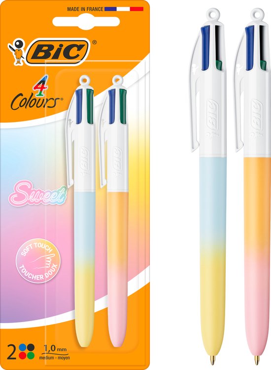 BIC 4 Couleurs Stylo Rainbow Pastel - 2 Pièces - 4 en 1 Stylo - Bleu Noir Rouge Vert