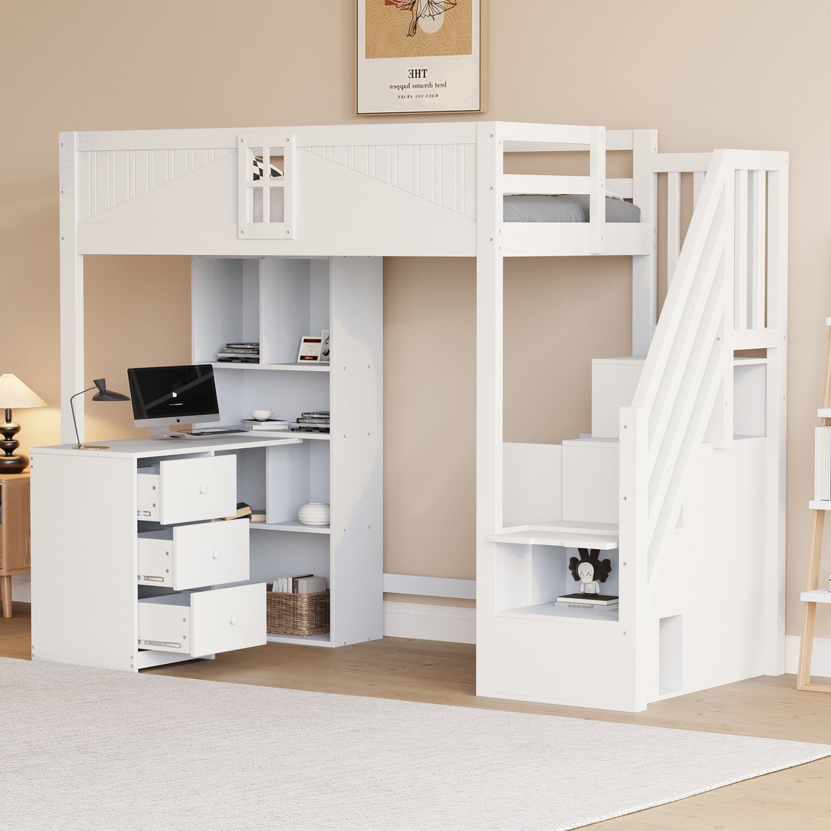 OKWISH Hoogslaper 90x200 cm - Met Bureau, Kasten En Lades - Omkeerbare Opbergladder Links/Rechts - Massief Hout - Wit - Zonder matras