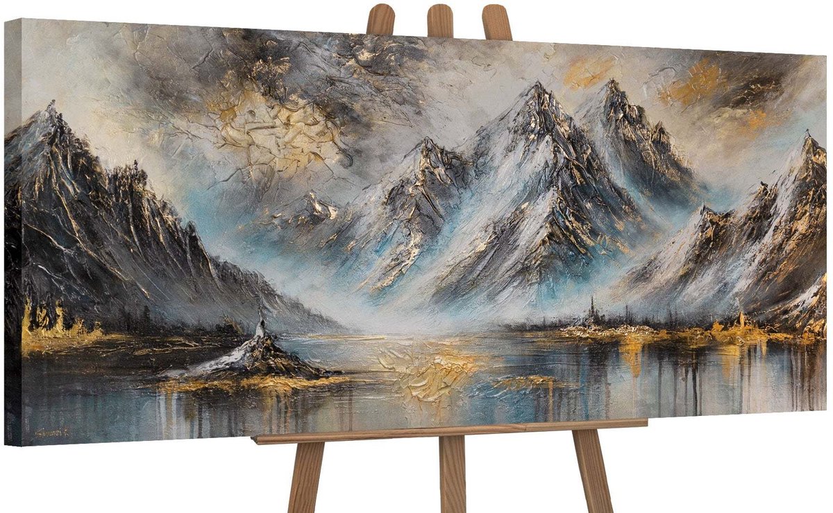 YS Canvas schilderij panoramisch 115x50 handgeschilderd berggloed berglandschap – YS-Art Gallery – Majestueuze wanddecoratie voor woonkamer – Modern schilderij voor hal