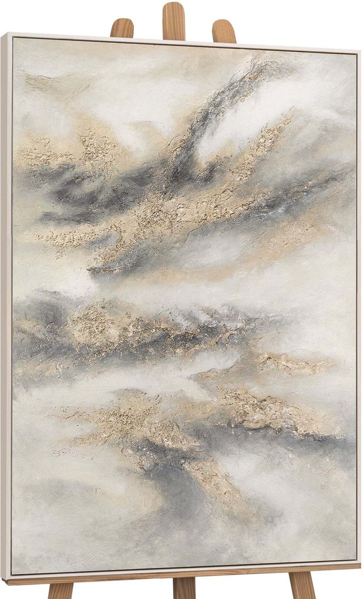 YS Canvas schilderij handgeschilderd cloudy melody abstract – YS-Art Gallery – Luxe wanddecoratie voor woonkamer – Modern schilderij voor slaapkamer en hal Beige