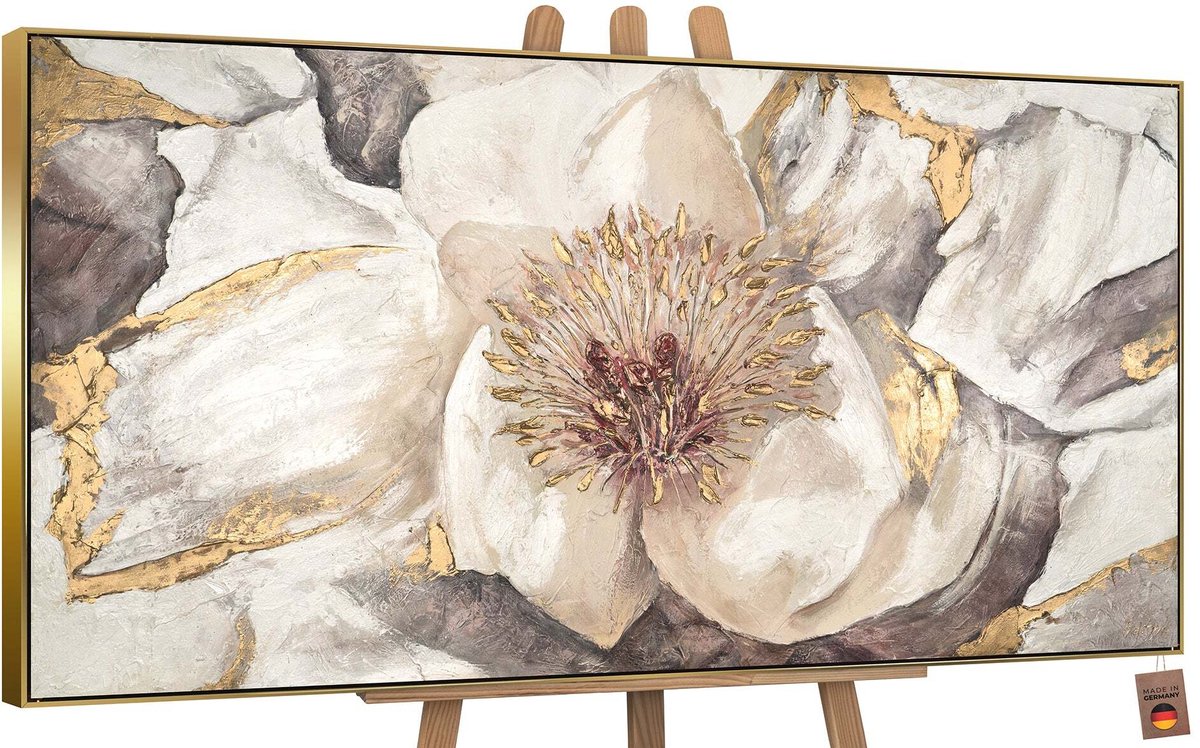 YS Schilderij Canvas schilderij groot handgeschilderd kaasjeskruid bloemen botanisch Ð YS-Art Gallery Ð Frisse wanddecoratie voor woonkamer Ð Modern schilderij voor slaapkamer en hal Gold 200x100